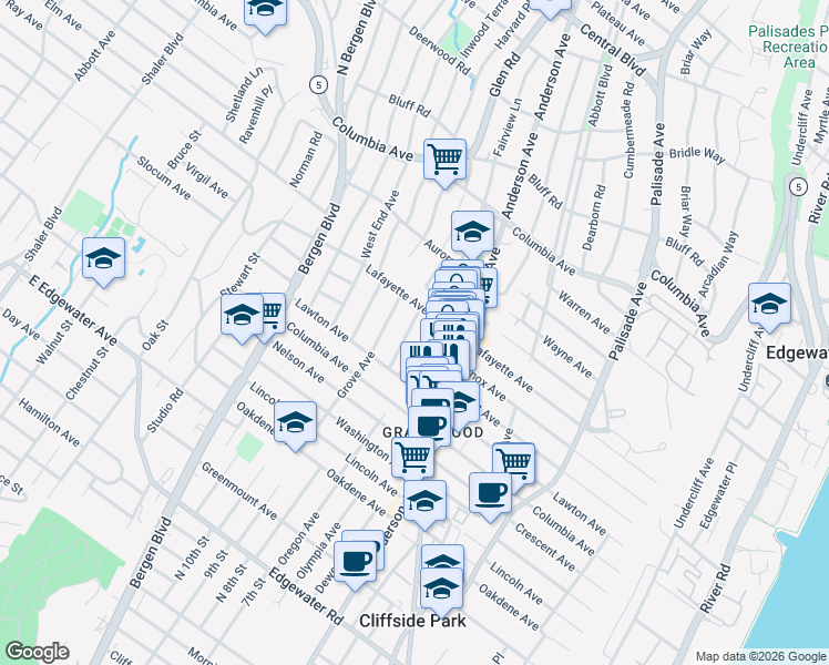 map of restaurants, bars, coffee shops, grocery stores, and more near 710 Hillside Avenue in Cliffside Park