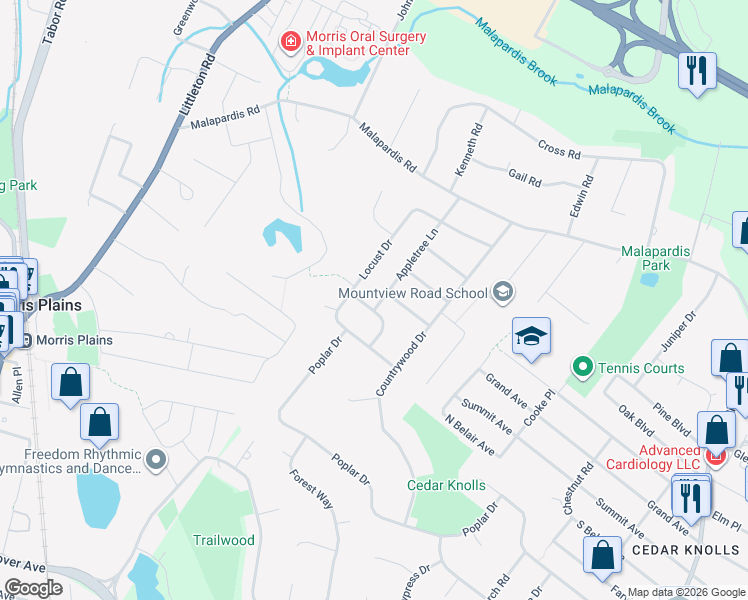 map of restaurants, bars, coffee shops, grocery stores, and more near 27 Appletree Lane in Morris Plains