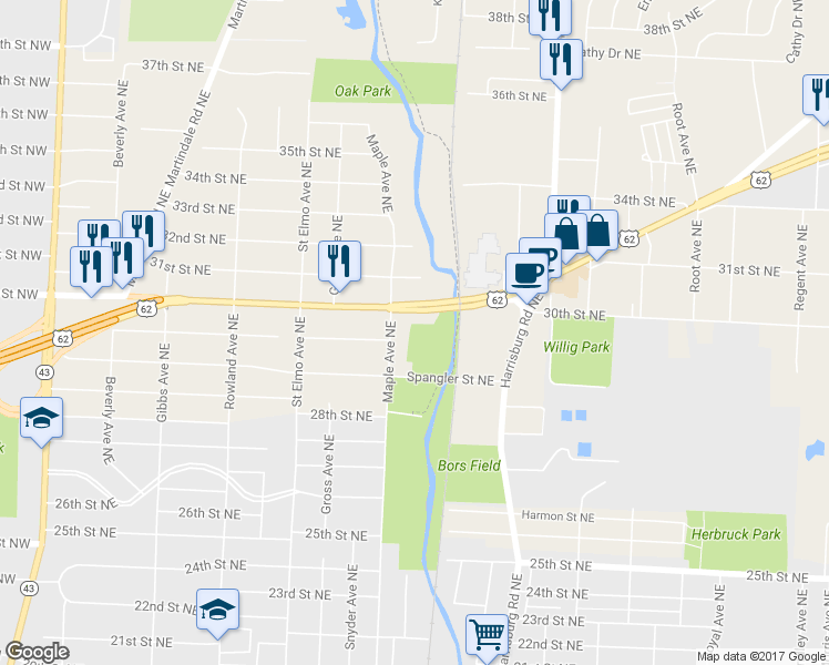 map of restaurants, bars, coffee shops, grocery stores, and more near 2968 Maple Avenue Northeast in Canton