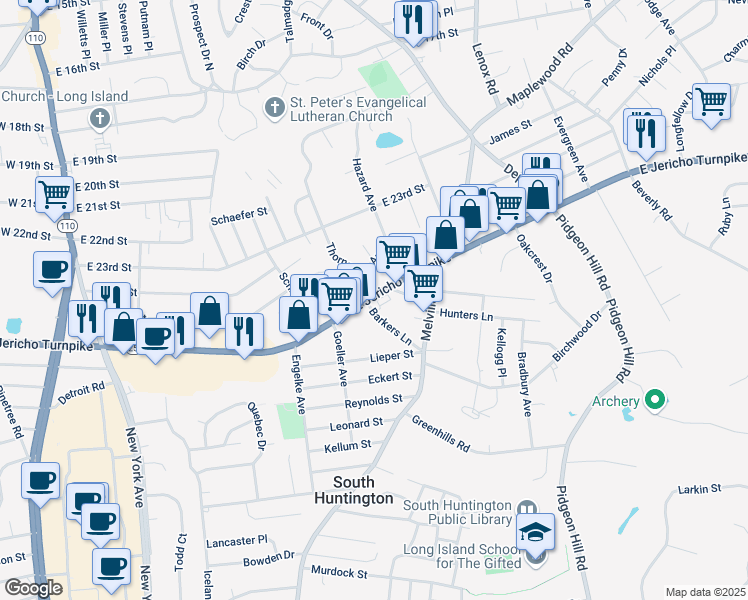 map of restaurants, bars, coffee shops, grocery stores, and more near 340 East Jericho Turnpike in Huntington Station
