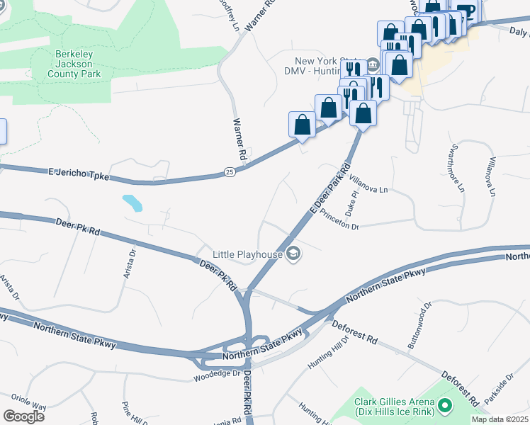 map of restaurants, bars, coffee shops, grocery stores, and more near 15 Majestic Drive in Dix Hills