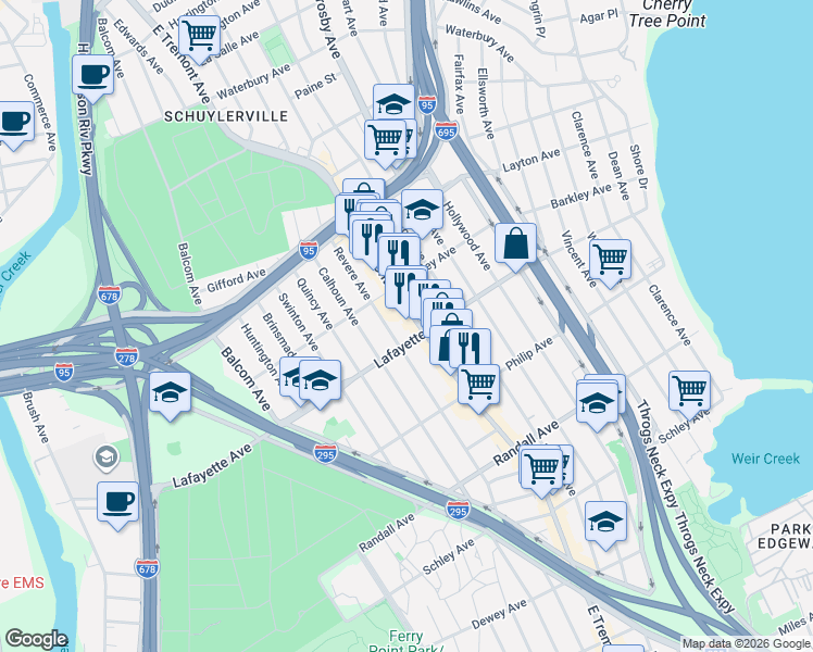 map of restaurants, bars, coffee shops, grocery stores, and more near 3557 East Tremont Avenue in The Bronx