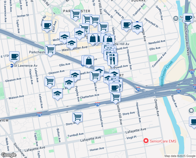 map of restaurants, bars, coffee shops, grocery stores, and more near 2130 Haviland Avenue in Bronx