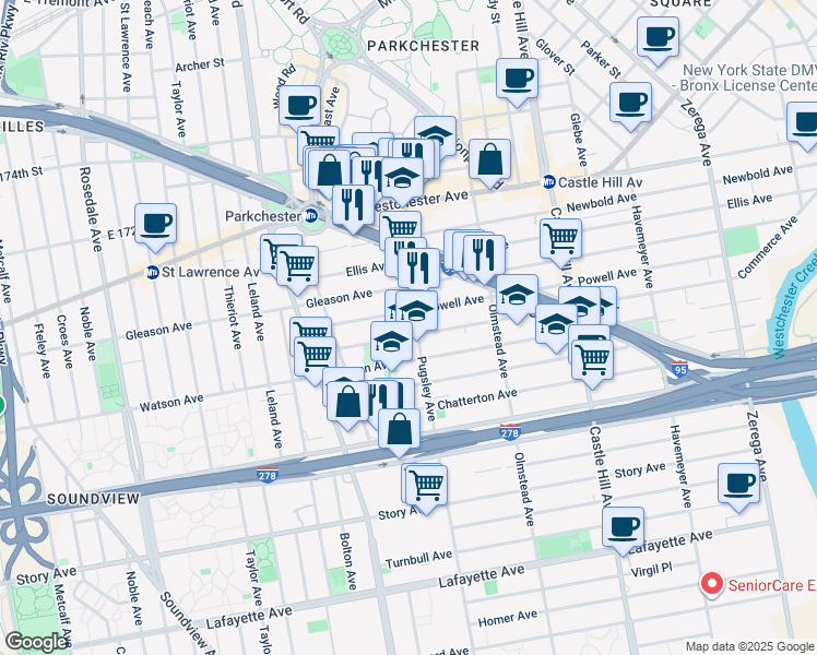 map of restaurants, bars, coffee shops, grocery stores, and more near 1141 Pugsley Avenue in Bronx