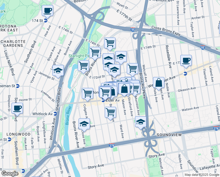 map of restaurants, bars, coffee shops, grocery stores, and more near 1235 Ward Avenue in Bronx