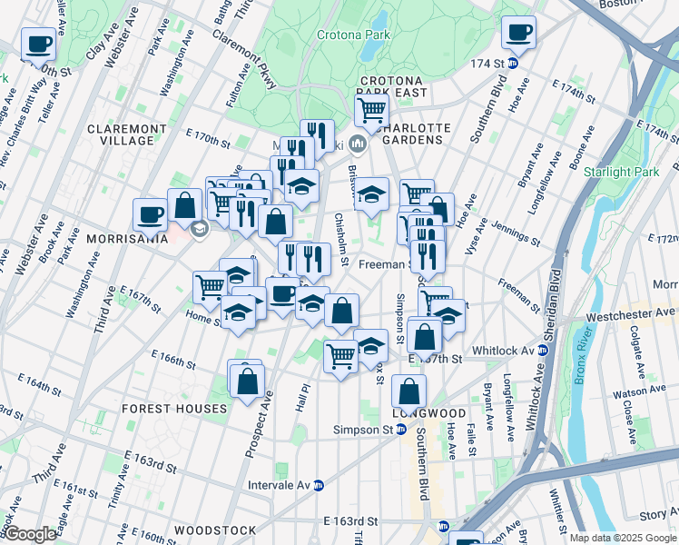 map of restaurants, bars, coffee shops, grocery stores, and more near 1289 Chisholm Street in Bronx