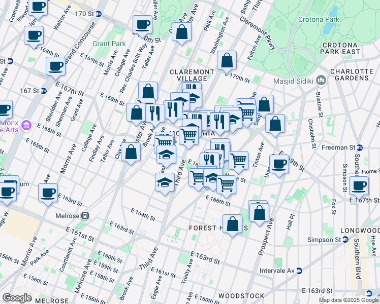 map of restaurants, bars, coffee shops, grocery stores, and more near 3475 3rd Avenue in Bronx