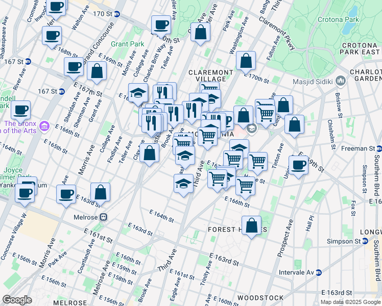 map of restaurants, bars, coffee shops, grocery stores, and more near 465A East 167th Street in Bronx