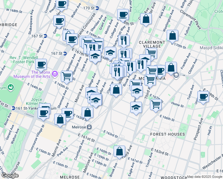 map of restaurants, bars, coffee shops, grocery stores, and more near 1135 Webster Avenue in Bronx