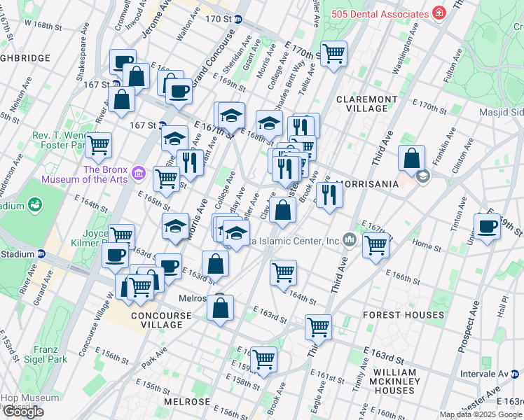 map of restaurants, bars, coffee shops, grocery stores, and more near 1109 Clay Avenue in The Bronx