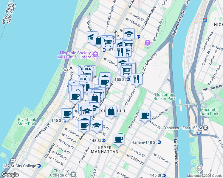 map of restaurants, bars, coffee shops, grocery stores, and more near 1850 Amsterdam Avenue in New York