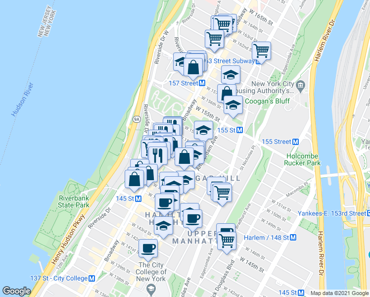 map of restaurants, bars, coffee shops, grocery stores, and more near 569 West 150th Street in New York