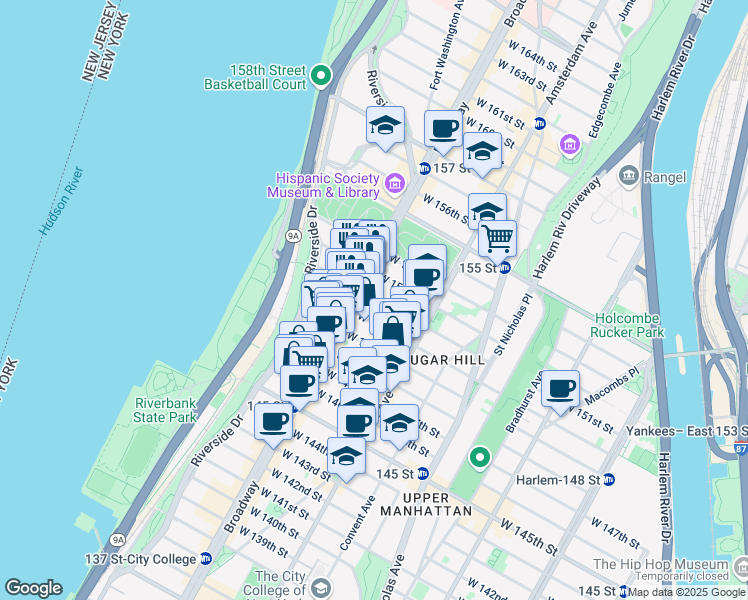 map of restaurants, bars, coffee shops, grocery stores, and more near 569 West 150th Street in New York