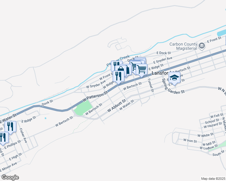 map of restaurants, bars, coffee shops, grocery stores, and more near 218 West Patterson Street in Lansford