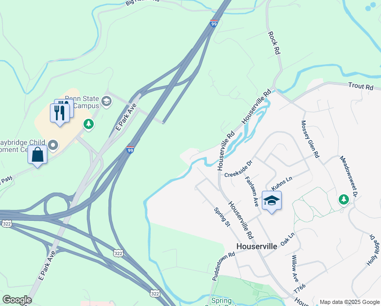 map of restaurants, bars, coffee shops, grocery stores, and more near 115 Old Houserville Rd in State College