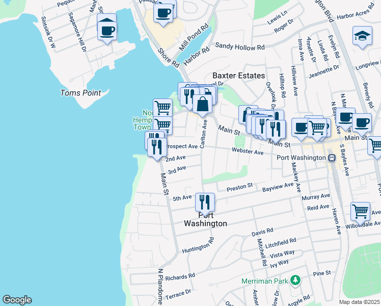 map of restaurants, bars, coffee shops, grocery stores, and more near 37 2nd Avenue in Port Washington