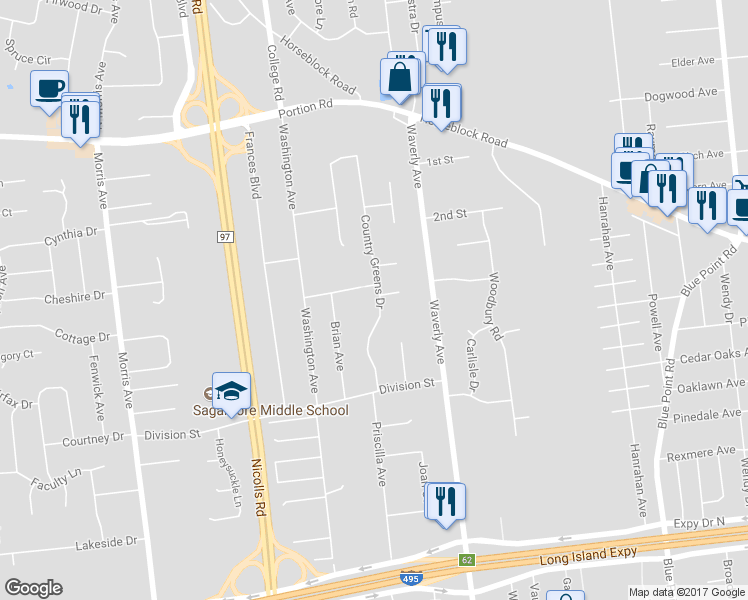 map of restaurants, bars, coffee shops, grocery stores, and more near 20 Country Greens Drive in Holtsville