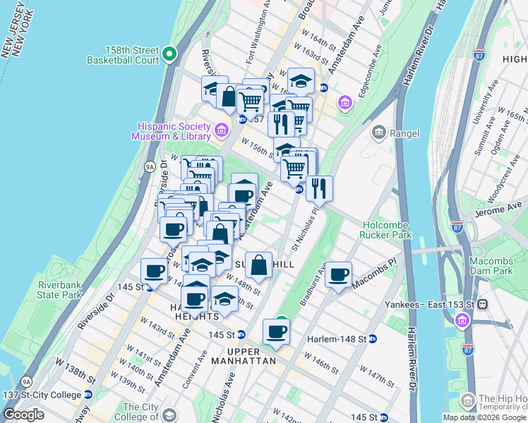 map of restaurants, bars, coffee shops, grocery stores, and more near 468 West 153rd Street in New York