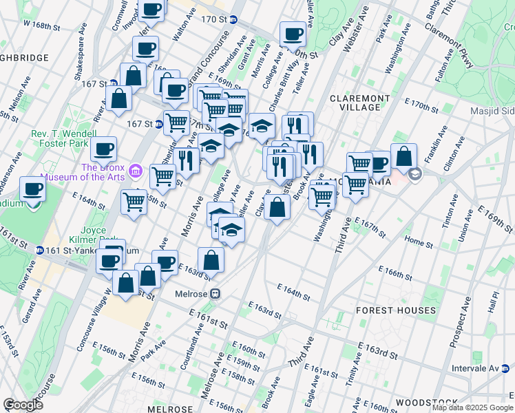 map of restaurants, bars, coffee shops, grocery stores, and more near 1109 Clay Avenue in The Bronx