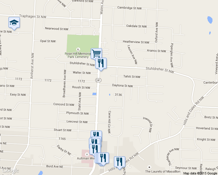 map of restaurants, bars, coffee shops, grocery stores, and more near 8000 Daytona Street Northwest in Massillon