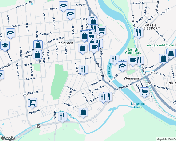 map of restaurants, bars, coffee shops, grocery stores, and more near 267 South 2nd Street in Lehighton