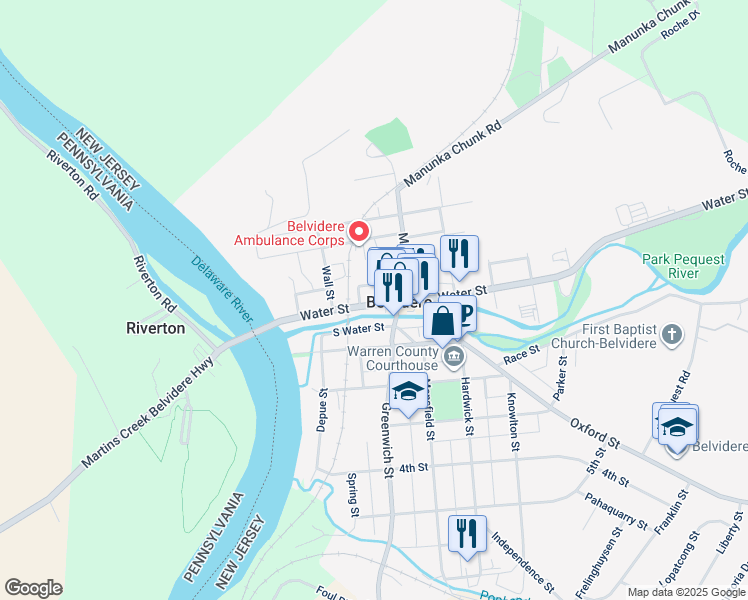 map of restaurants, bars, coffee shops, grocery stores, and more near 231 Water Street in Belvidere