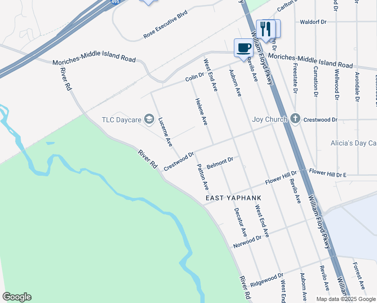 map of restaurants, bars, coffee shops, grocery stores, and more near 21 Crestwood Drive in Shirley