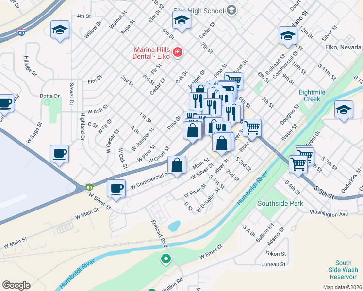 map of restaurants, bars, coffee shops, grocery stores, and more near 129 W Idaho St in Elko