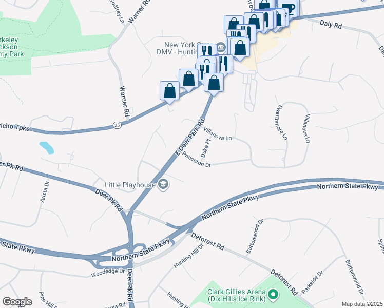 map of restaurants, bars, coffee shops, grocery stores, and more near 3 Princeton Drive in Dix Hills