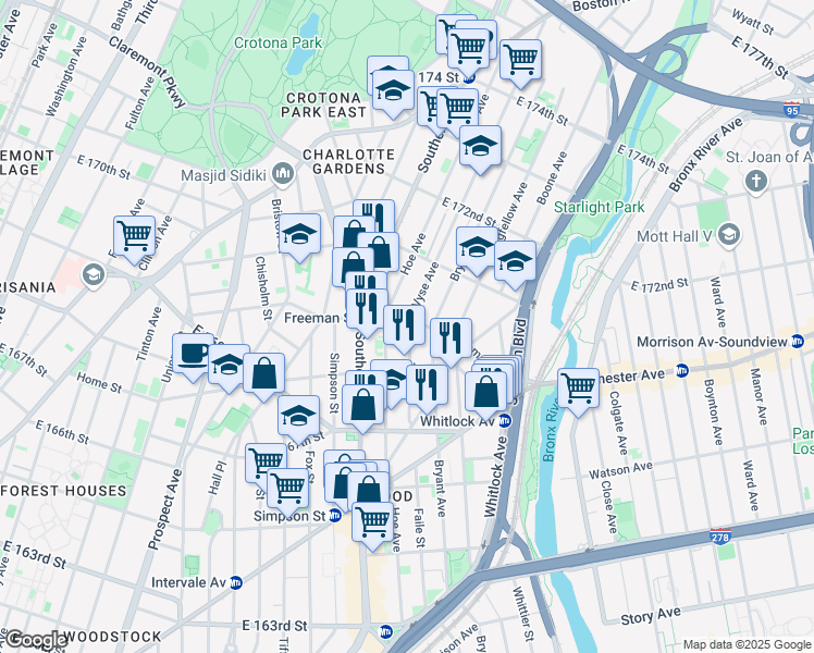 map of restaurants, bars, coffee shops, grocery stores, and more near 1235 Vyse Avenue in Bronx