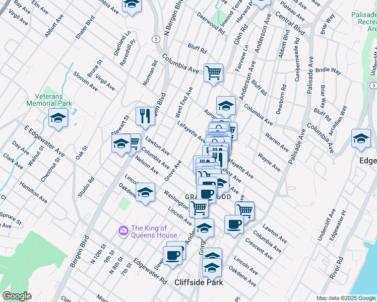 map of restaurants, bars, coffee shops, grocery stores, and more near 704 Grove Avenue in Cliffside Park