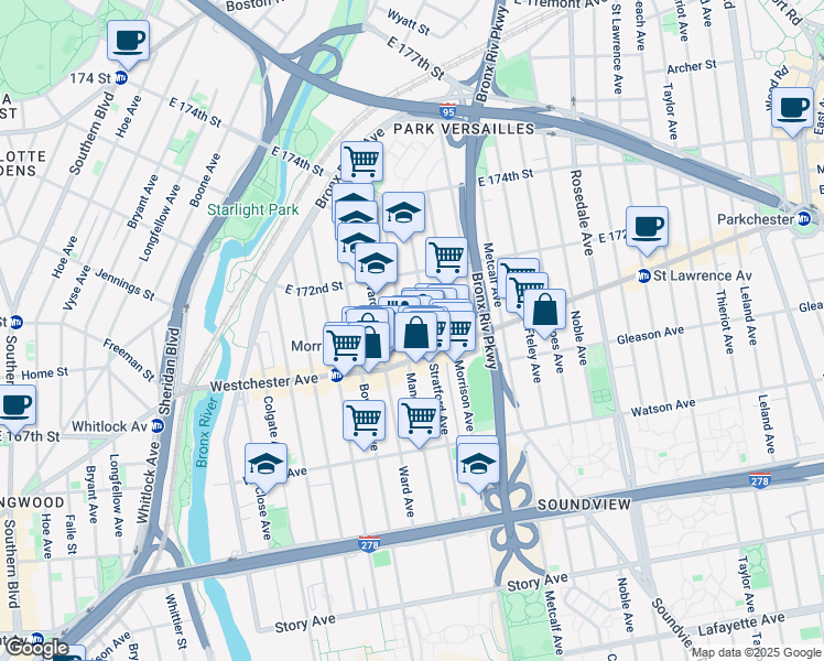 map of restaurants, bars, coffee shops, grocery stores, and more near 1226 Manor Avenue in Bronx