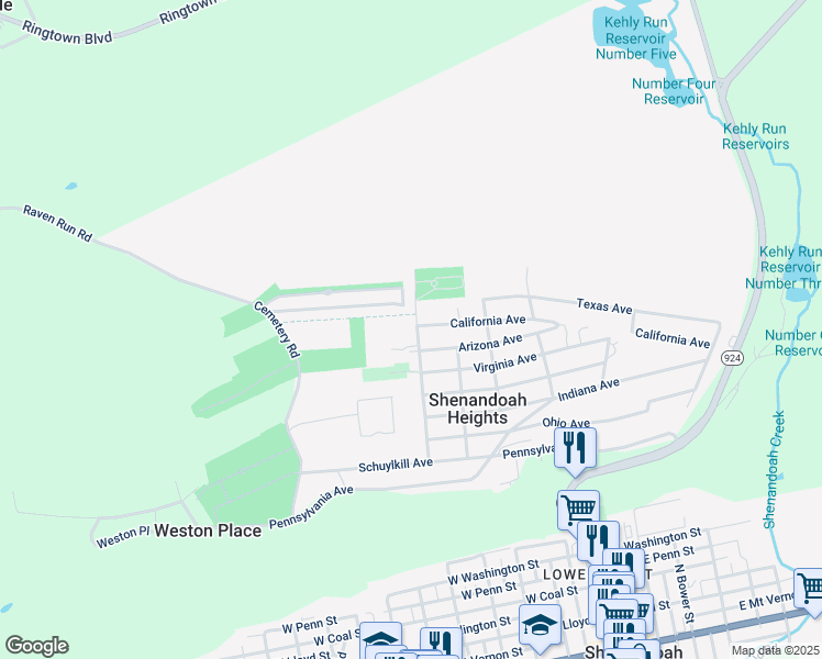 map of restaurants, bars, coffee shops, grocery stores, and more near 210 Swatara Road in Shenandoah