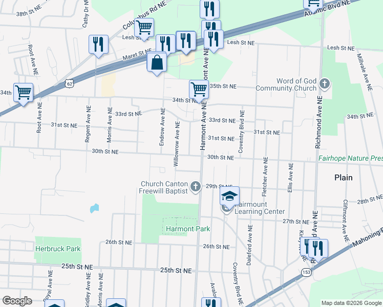 map of restaurants, bars, coffee shops, grocery stores, and more near 3002 Bollinger Avenue Northeast in Canton
