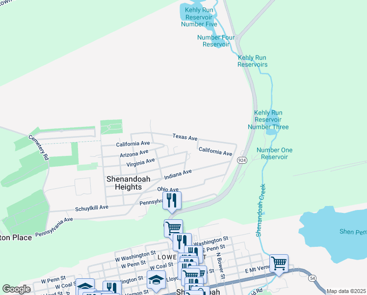 map of restaurants, bars, coffee shops, grocery stores, and more near 401 Arizona Avenue in Shenandoah