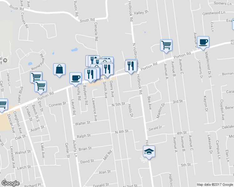 map of restaurants, bars, coffee shops, grocery stores, and more near 180 Coates Avenue North in Ronkonkoma