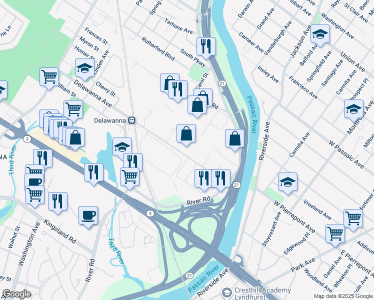map of restaurants, bars, coffee shops, grocery stores, and more near 100 Delawanna Avenue in Clifton