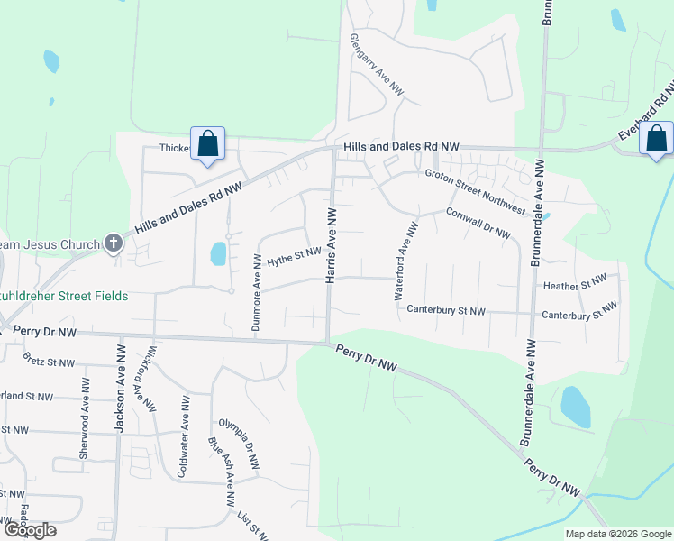map of restaurants, bars, coffee shops, grocery stores, and more near 6541 Avalon Street Northwest in Canton