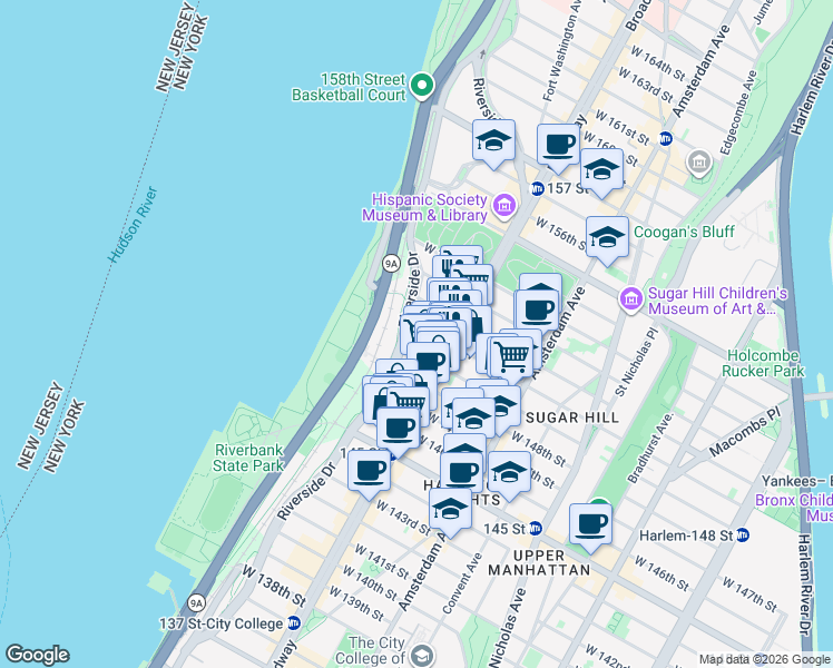 map of restaurants, bars, coffee shops, grocery stores, and more near Broadway in New York