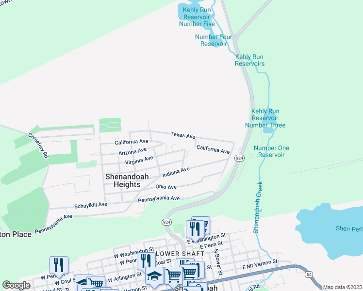 map of restaurants, bars, coffee shops, grocery stores, and more near 401 Arizona Avenue in Shenandoah