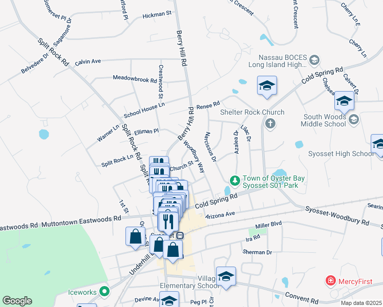 map of restaurants, bars, coffee shops, grocery stores, and more near 47 Woodbury Way in Syosset