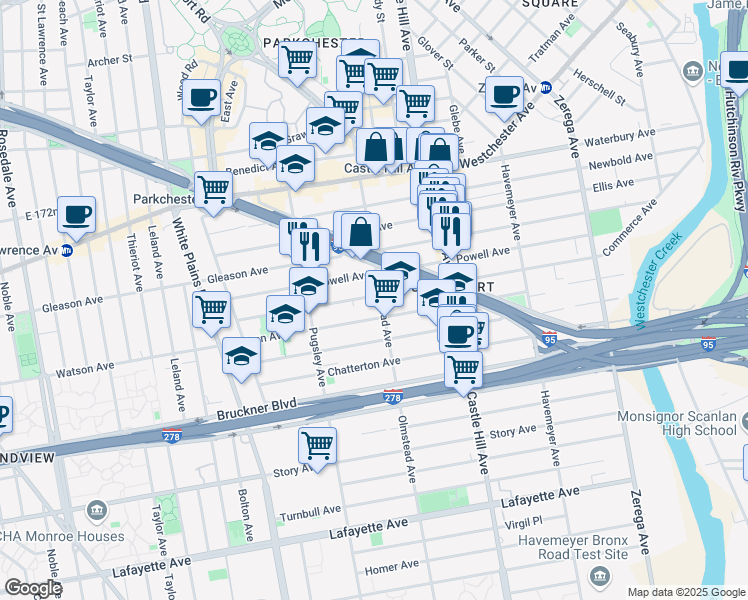 map of restaurants, bars, coffee shops, grocery stores, and more near 1117 Olmstead Avenue in The Bronx