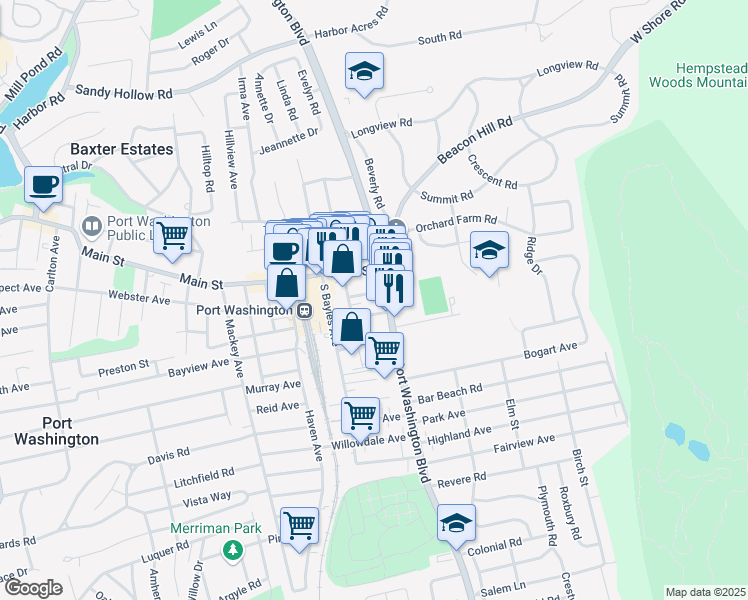 map of restaurants, bars, coffee shops, grocery stores, and more near 6 Maple Street in Port Washington