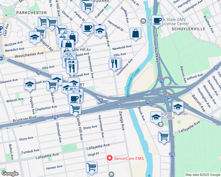 map of restaurants, bars, coffee shops, grocery stores, and more near 2383 Blackrock Avenue in Bronx