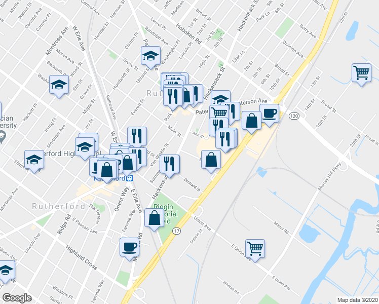 map of restaurants, bars, coffee shops, grocery stores, and more near 112 Stanley Street in East Rutherford