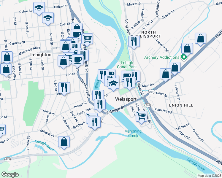 map of restaurants, bars, coffee shops, grocery stores, and more near 410 Bridge Street in Weissport