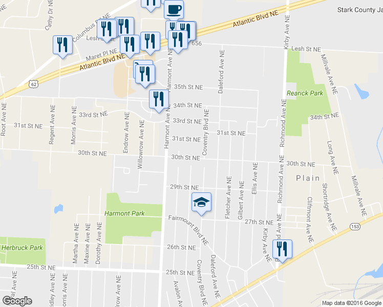 map of restaurants, bars, coffee shops, grocery stores, and more near 3427 30th St NE in Canton