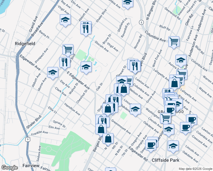 map of restaurants, bars, coffee shops, grocery stores, and more near 595 Stewart Street in Ridgefield