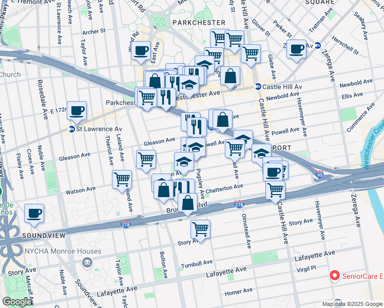 map of restaurants, bars, coffee shops, grocery stores, and more near 1141 Pugsley Avenue in Bronx