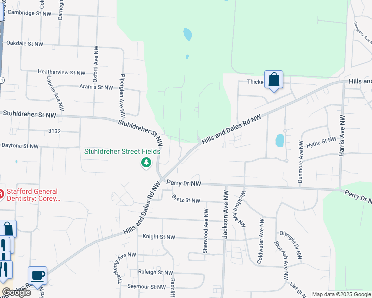 map of restaurants, bars, coffee shops, grocery stores, and more near 7253 Stuhldreher Street Northwest in Massillon